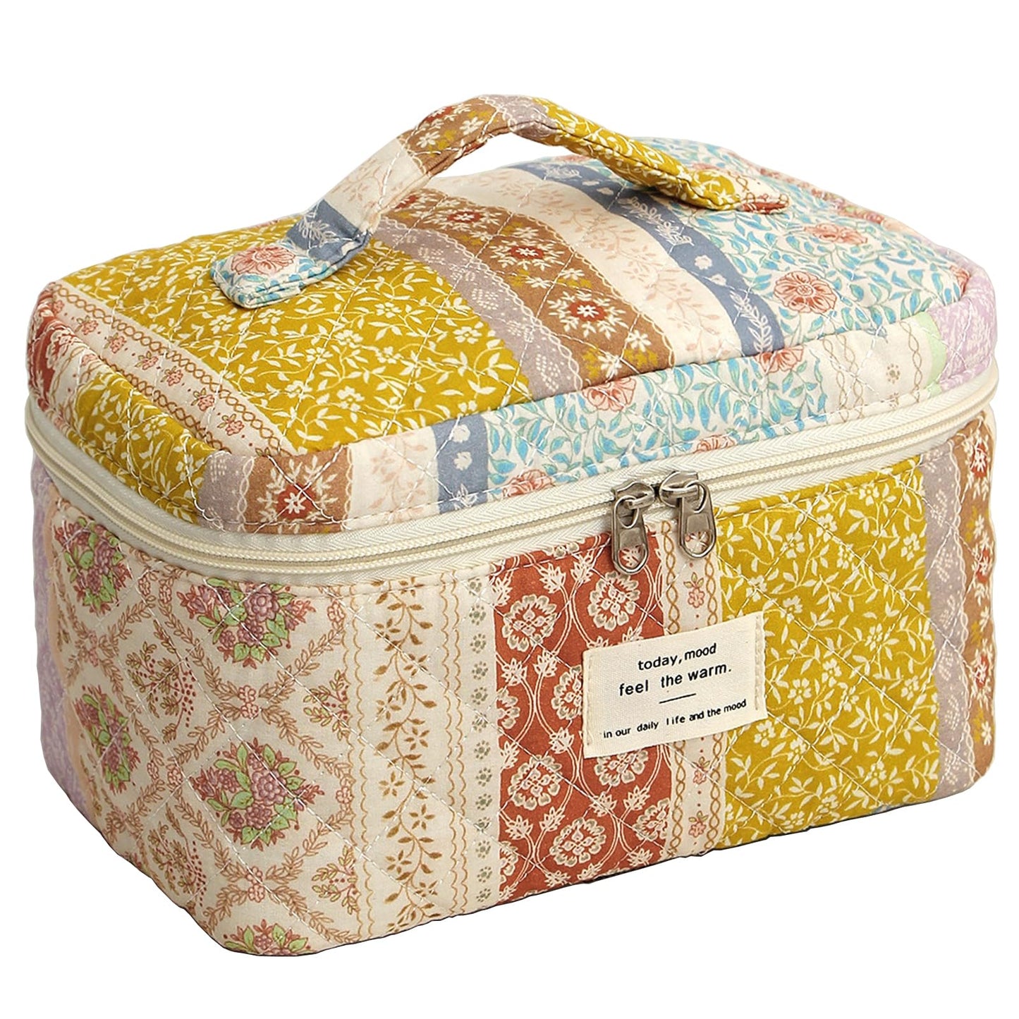 AMULOKRU Large Makeup Bag, Cute Cosmetic Bags for Women, Floral Quilted Makeup Bag, Coquette Aesthetic Toiletry Bag,Travel Makeup Organizer Bags