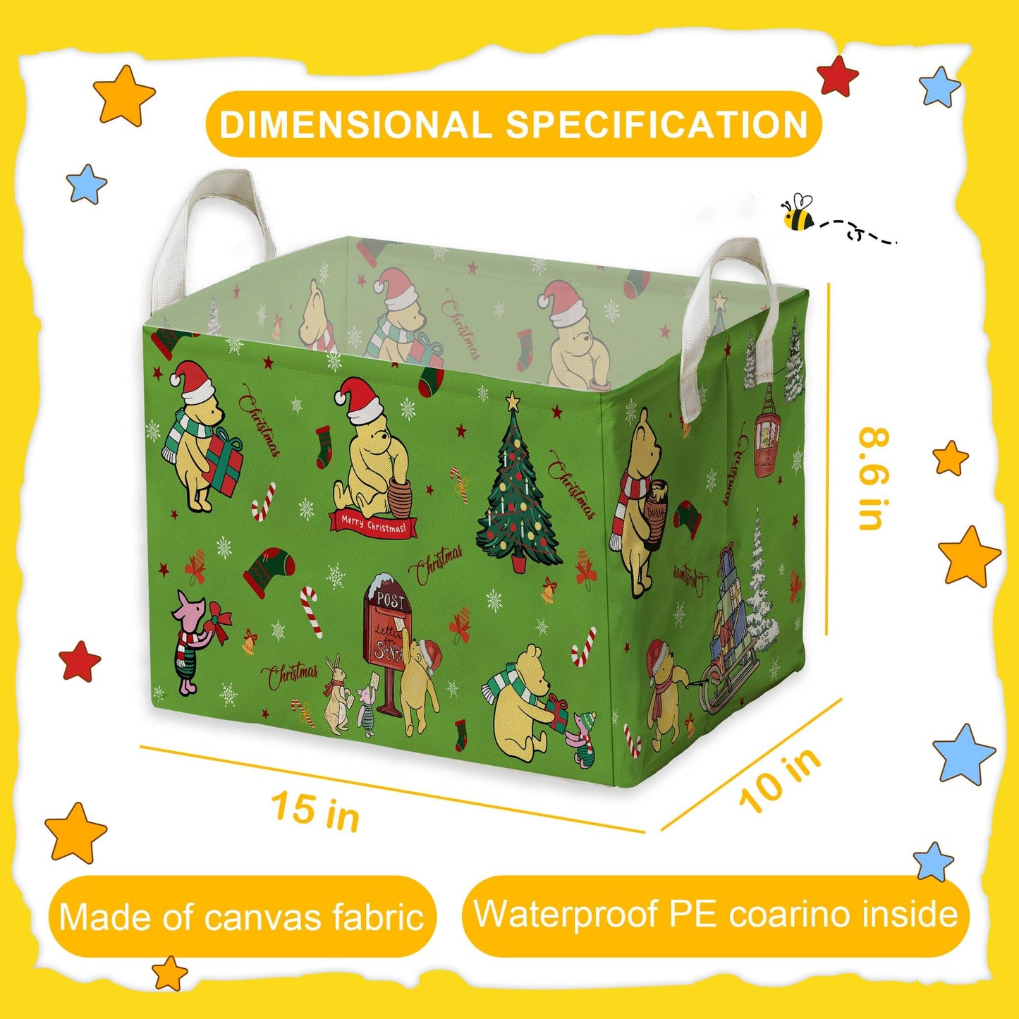 ZsaTuiy Winnie Theme Christmas Baskets Decor,the Pooh Baby Stuff, Large Square Canvas Baby Laundry Hamper with A Waterproof PE Coating,Foldable Storage Bin for Toys and Clothes
