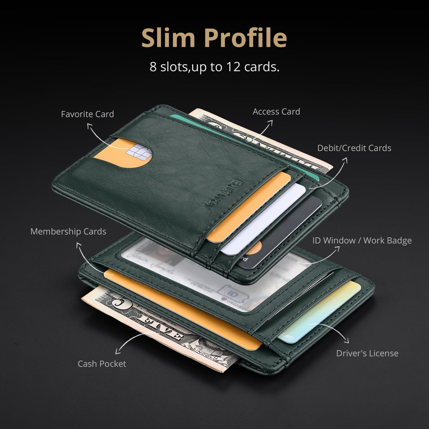 Buffway Slim Minimalist Front Pocket RFID Blocking Leather Wallets for Men and Women - Alaska Green