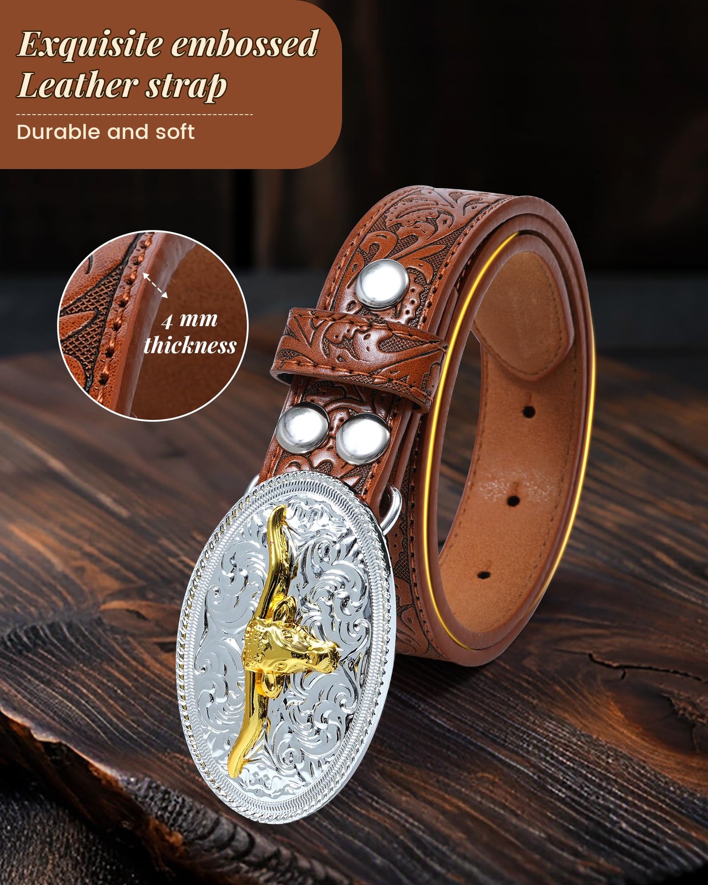 Kajeer Kids Western Belt for Boys Girls, Cowboy Genuine Leather Embossed Western Longhorn Bull Buckle Belts for Jeans (Cow Buckle- brown, for Wasit 21"-26")