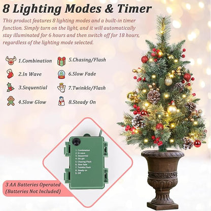 Set of 2 Outdoor Pathway Christmas Trees, 30in Artificial Xmas Tree with 35 LED Lights, 8 Lighting Modes & Timer, Red & Gold Berries, Ball Ornaments, Holiday Décor for Driveway, Porch, Yard