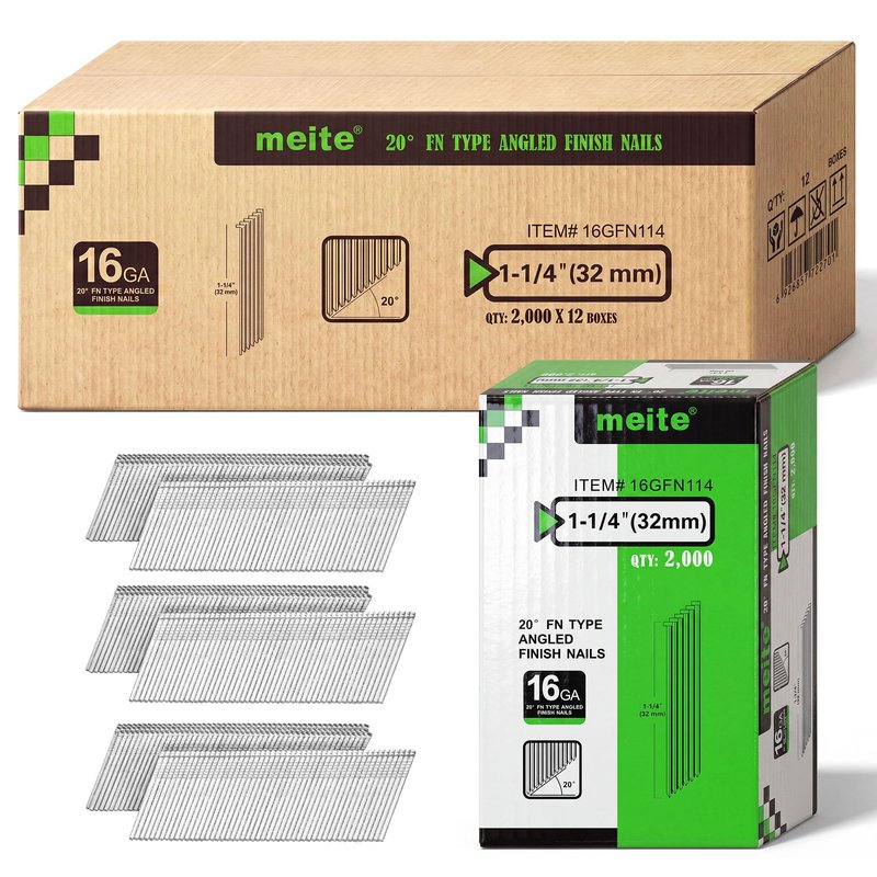 meite 16 Gauge 20 Degree Angled Finish Nails 1-1/4 Inch Galvanized Rust-Proof Finishing Nails for Electric or Pneumatic Finish Nailer - Cabinet Crown Baseboard Trim & Molding (24,000 PCS)