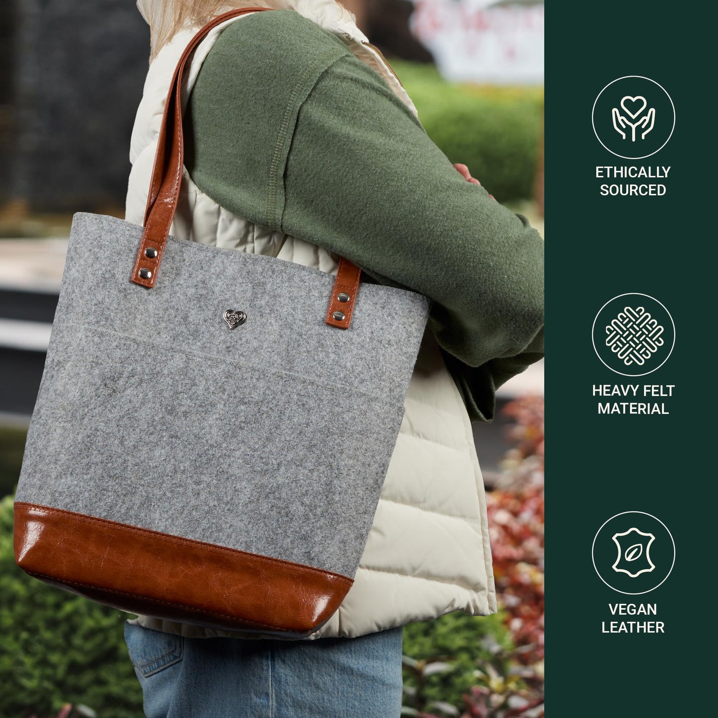 Christian Art Gifts Felt and Faux Leather Bible Tote for Women: With Metal Heart Badge, Pockets and Magnetic Button Closure, Toffee Brown and Gray, One Size Carry Bag for Books, Supplies and Shopping