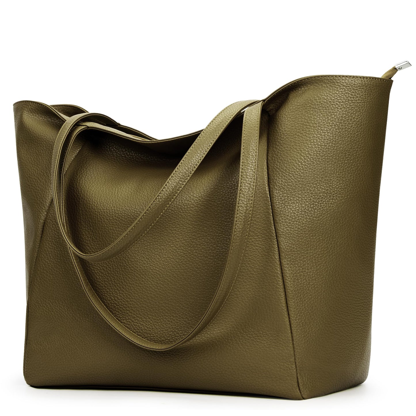 KALIDI Large Tote Bag Vegan Leather Casual Zipper Work Bag Weekender Hobo for Women 16L Oversize Shoulder Travel Purse, Olive Green