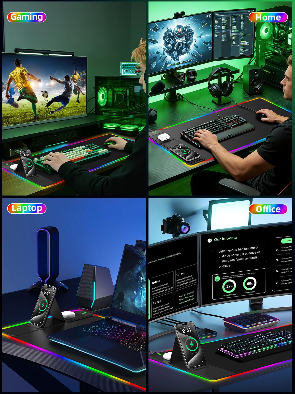 Mouse Pad with Wireless Charger Foldable Phone Holder, XXL RGB Gaming Mousepad 31.5"x15.8" Large Desk Mat for Keyboard, Black Desk Pad with Dual Qi Charging Station, 11 Colors 5 Modes