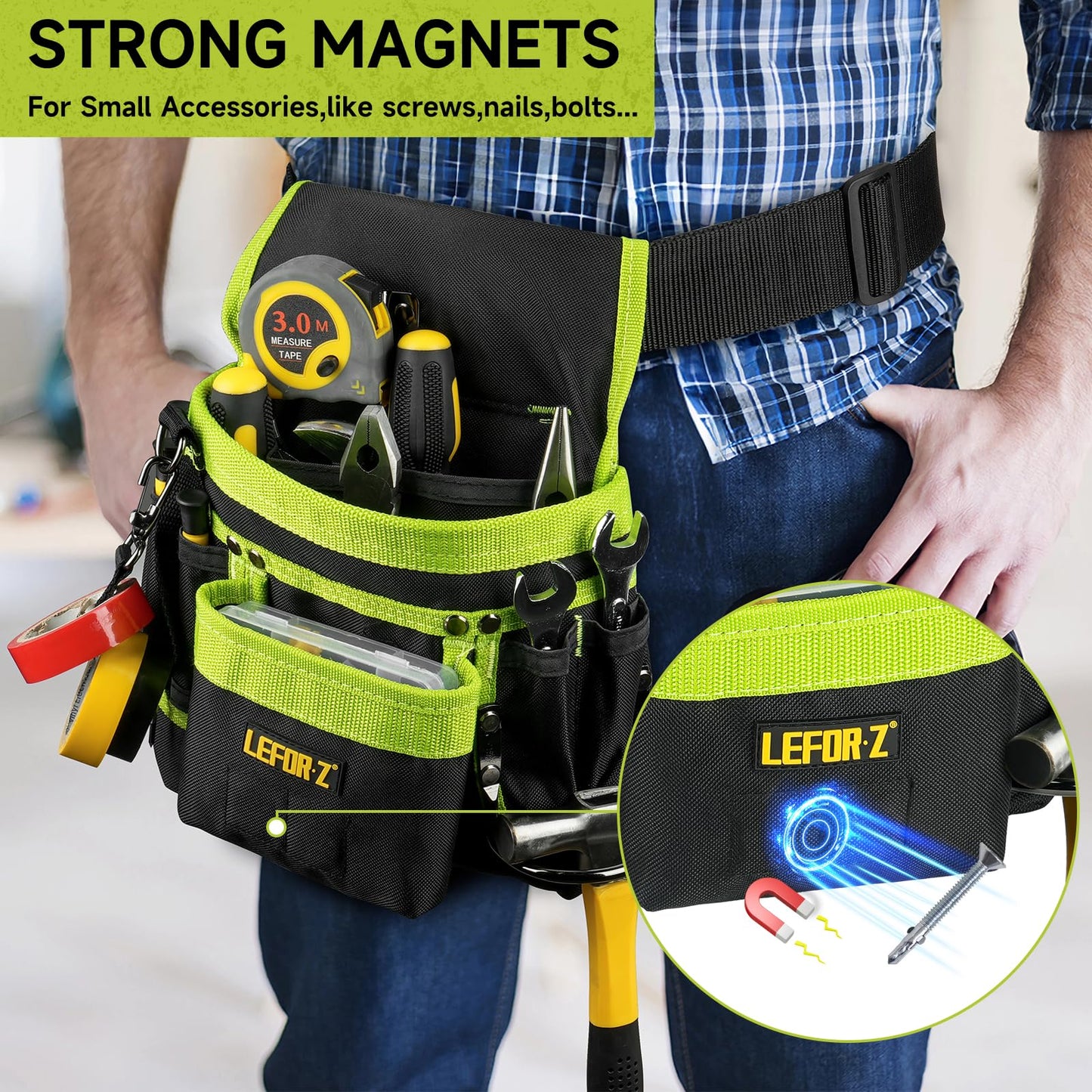 Tool Belt,Magnetic Tool Pouch,14-Pockets Tool Belts for Men,Detachable & Adjustable Tool Pouch belt for Electrician,Carpenter,Construction,Work Apron,Utility Belt,Black-Green