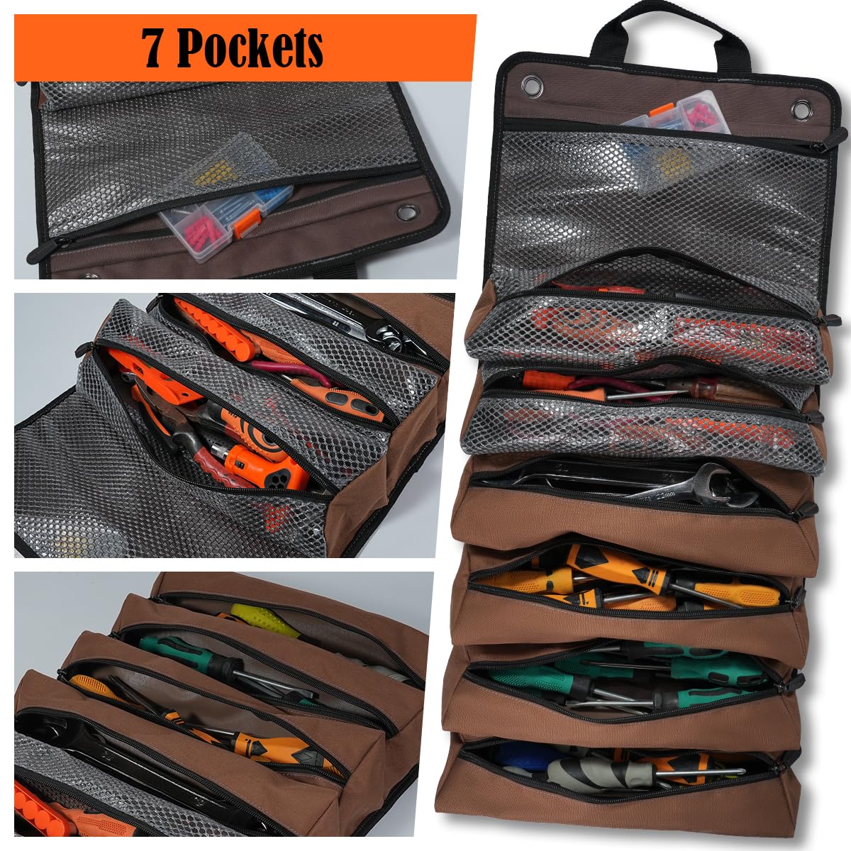 WELKINLAND Heavy-Duty Waxed Canvas Tool Roll, 7-Pockets Tool Wrap Roll, 15L Tool Roll Bag, Large Roll Up Tool Bag For Mechanics.