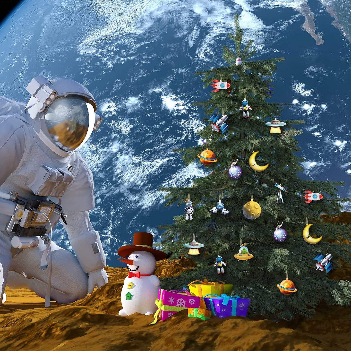 36 Pcs Space Christmas Tree Ornament Wood Christmas Space Gifts Planet Outer Astronaut Ornament Decor Wooden Hanging Xmas Spacecraft Decorations Xmas Holiday Party Supplies for Kids Rocket Ship Decor