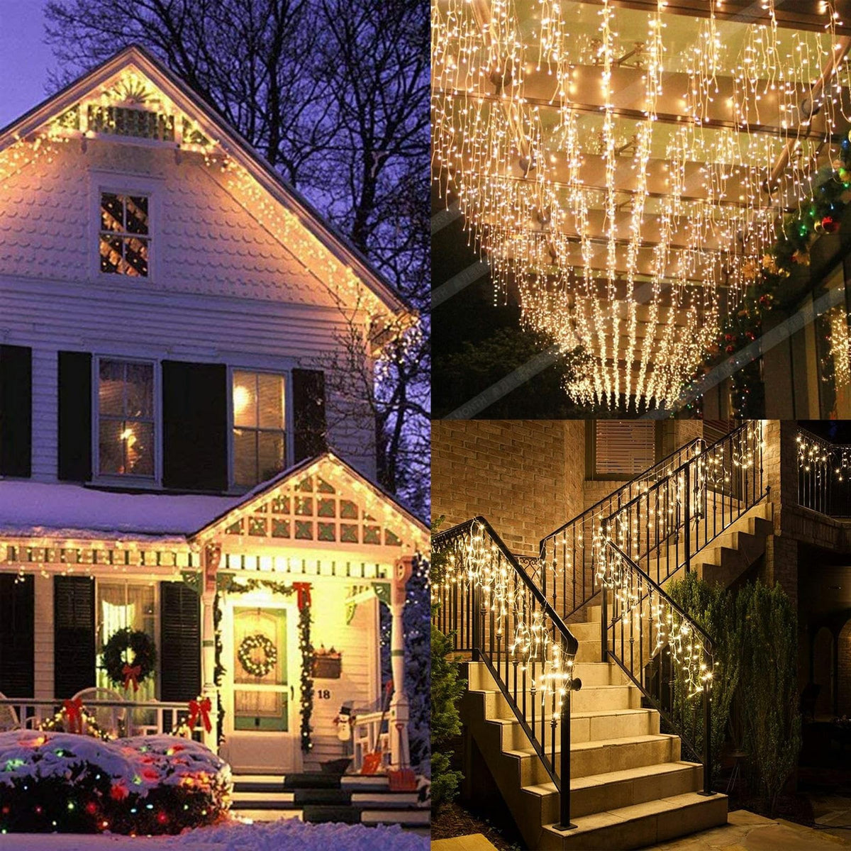 JAMISAY LED Icicle Lights, 8 Modes 16.4FT 112 LEDs Christmas Short Curtain Fairy Hanging Ceiling Extendable Lights for Wedding Balcony Doorway Outdoor Indoor Decoration Warm White, 5M04