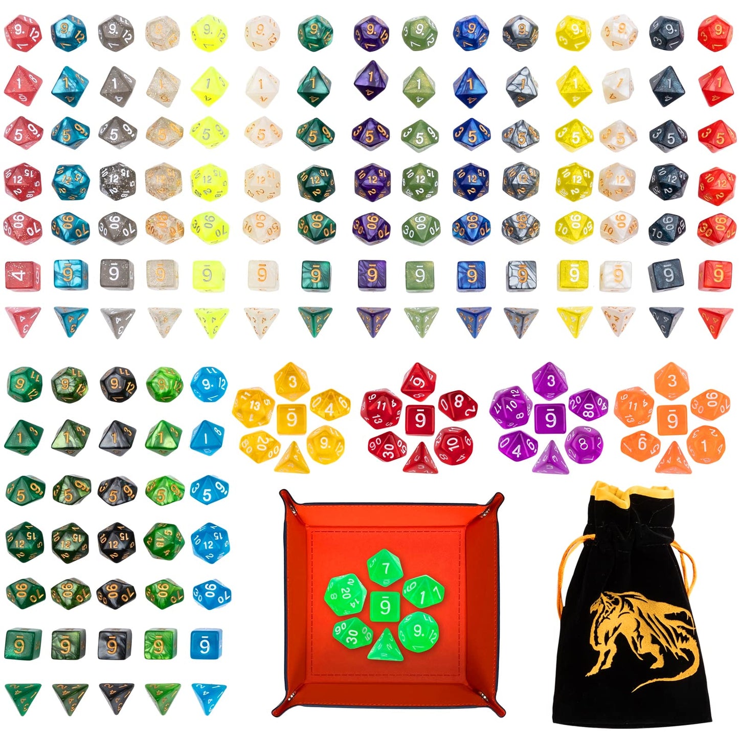 25 Sets DND Dice Polyhedral Dice Dungeons and Dragons Rolling Dice for RPG MTG Table Games Dice Bulk with Free Drawstring Bags and PU Leather D&D Dice Tray (Colored)