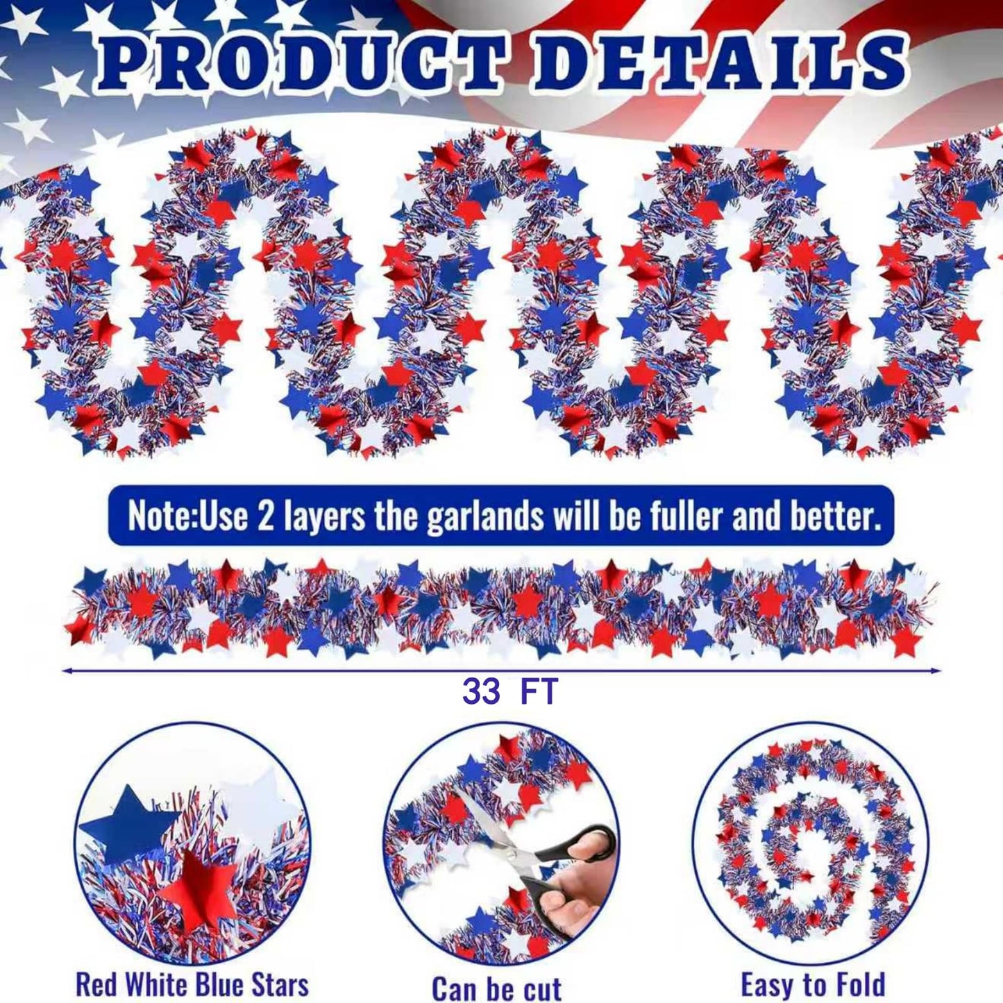 YunPuff 33Ft 4th of July Sequin Star Garland, Red White Blue Metallic Tinsel Twist Garland with 5-Pointed Stars, 2026 Patriotic Independence Day Decor for 250th Anniversary Home Staircase Porch