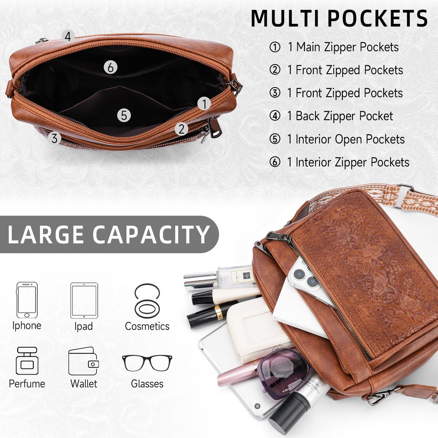 VIMUTI Crossbody Bags for Women Trendy,Leather Crossbody Purses Embossed Design,Multi Pocket Lightweight Shoulder Handbag (01-Brown)
