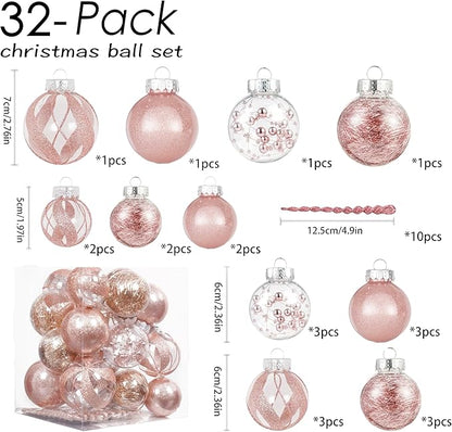 XmasExp 32ct Christmas Ball Ornaments Set -Rose Gold Clear Plastic Shatterproof Xmas Tree Ball Decorations Hanging Baubles for Holiday Decor