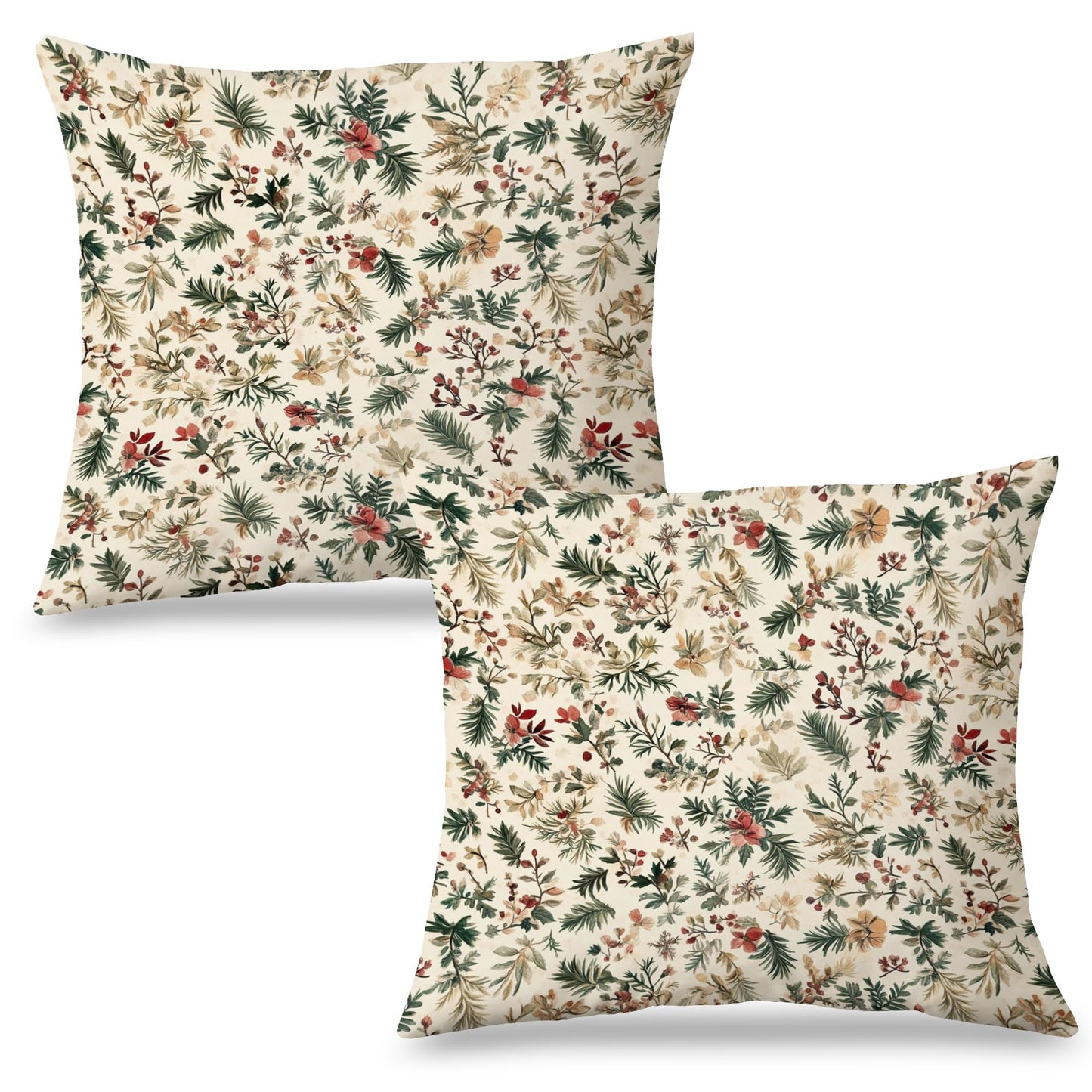 Exqcom Rustic Christmas Floral Pillow Covers 18x18 Set of 2, Farmhouse Christmas Decor, Boho Holly Leaves Pine Xmas Botanical Throw Pillow Covers for Home Living Room Bedroom
