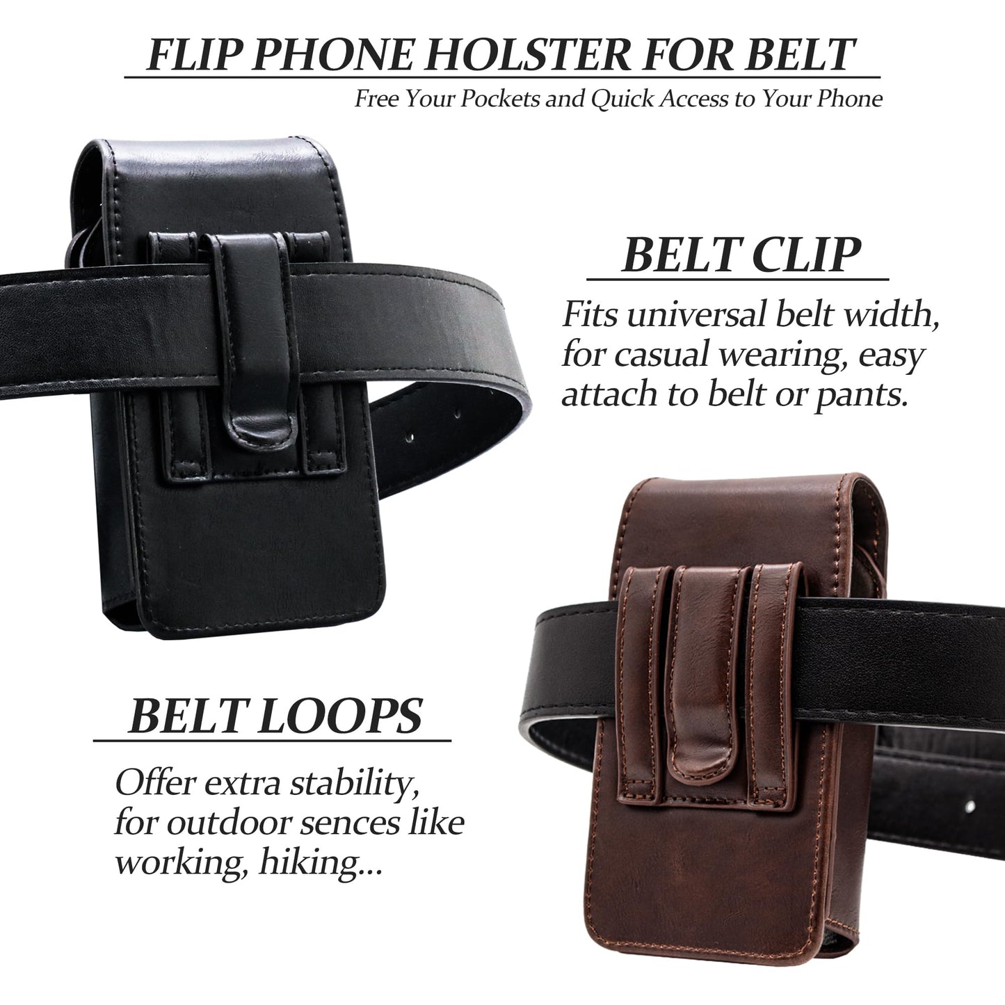 TarbicGear Leather Flip Phone Case with Belt Clip, Pouch for Kyocera & TCL & Nokia Flip Phone Holster for Belt, Cat S22 Case, Phones Sheath, Sonim XP3 Plus Magnetic Phones Pouch (Black)
