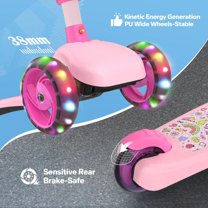 TONBUX Kids Scooter with Seat, 3 Wheels Scooter with PU Luminous Wheels, Non-Slip Handle and Wide Deck, Sensitive Brakes, 4-Level Adjustable Height, Scooters for Kids 2–8 Years Pink