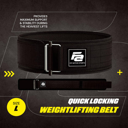 Fit Active Sports Self-Locking Weight Lifting Belt | Premium Weightlifting Belt for Cross Training & Power Lifting | Fast Locking Release Mechanism for Fitness and Power Lifting | Black, Large
