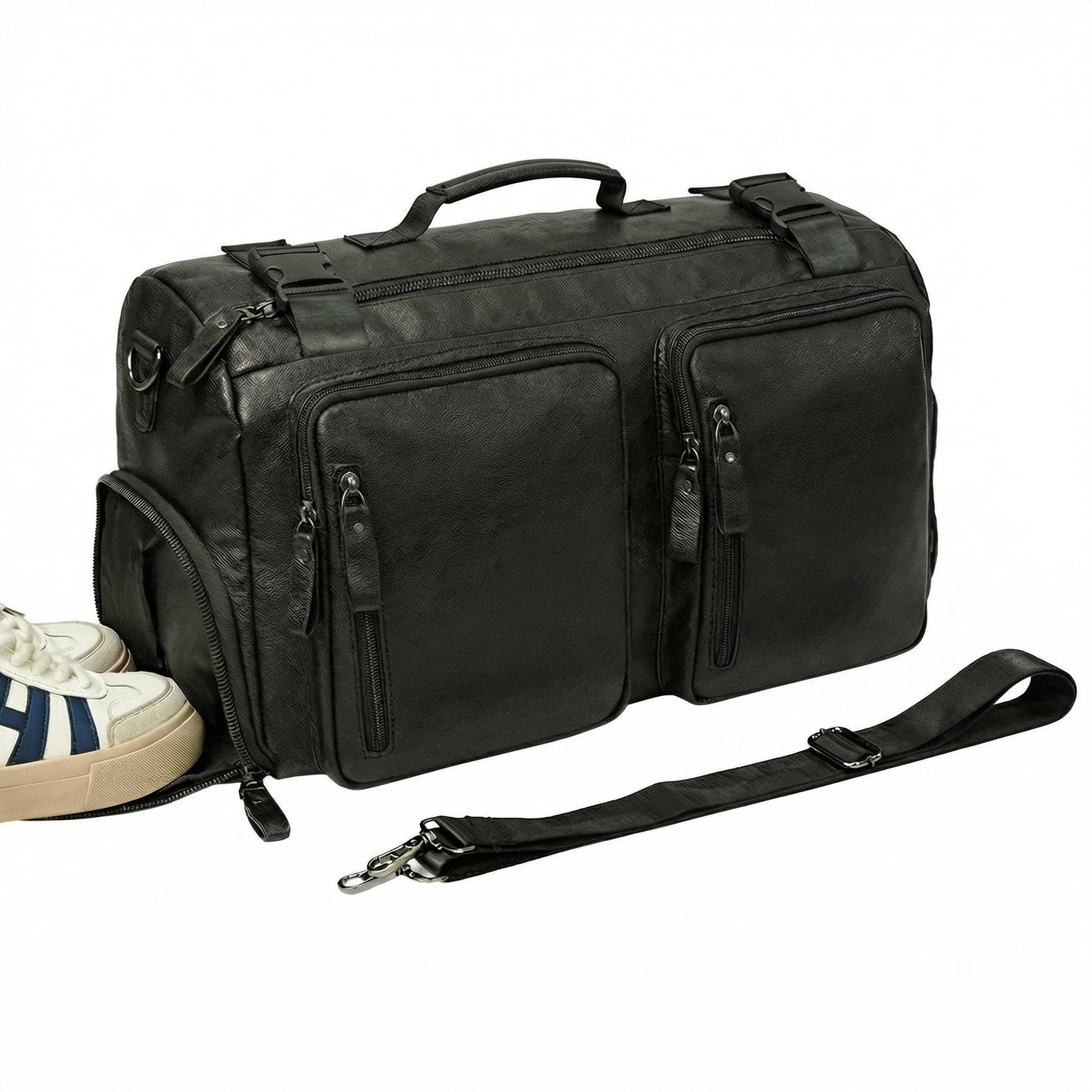 Leather Duffle Bag for Travel, Waterproof Overnight Weekend Gym Carry On Bag with Shoe Compartment for Men Women Black