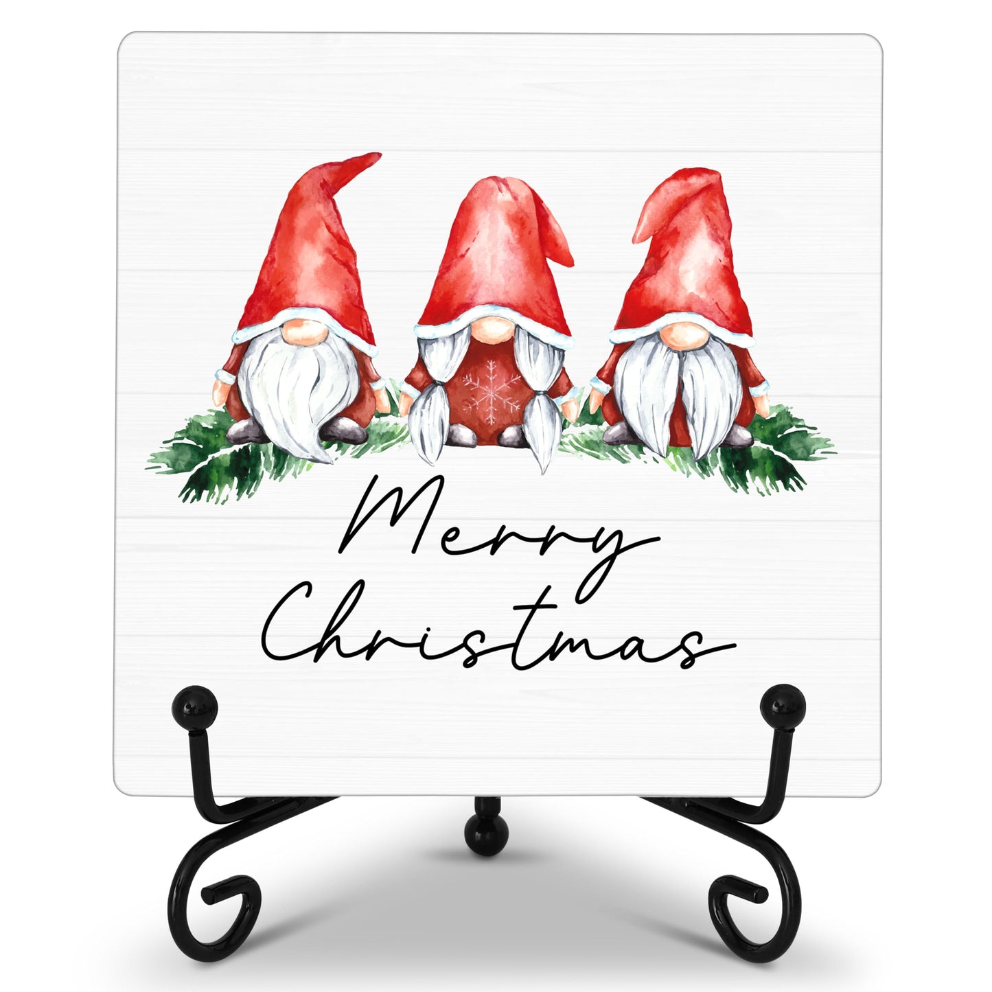 Cazhes Christmas Gnomes Wooden Decor, Merry Christmas Sign Decorations for Home Bedroom, 5x5 Inches Xmas Gnomes Decor with Iron Stand, Birthday New Year Gifts-G12