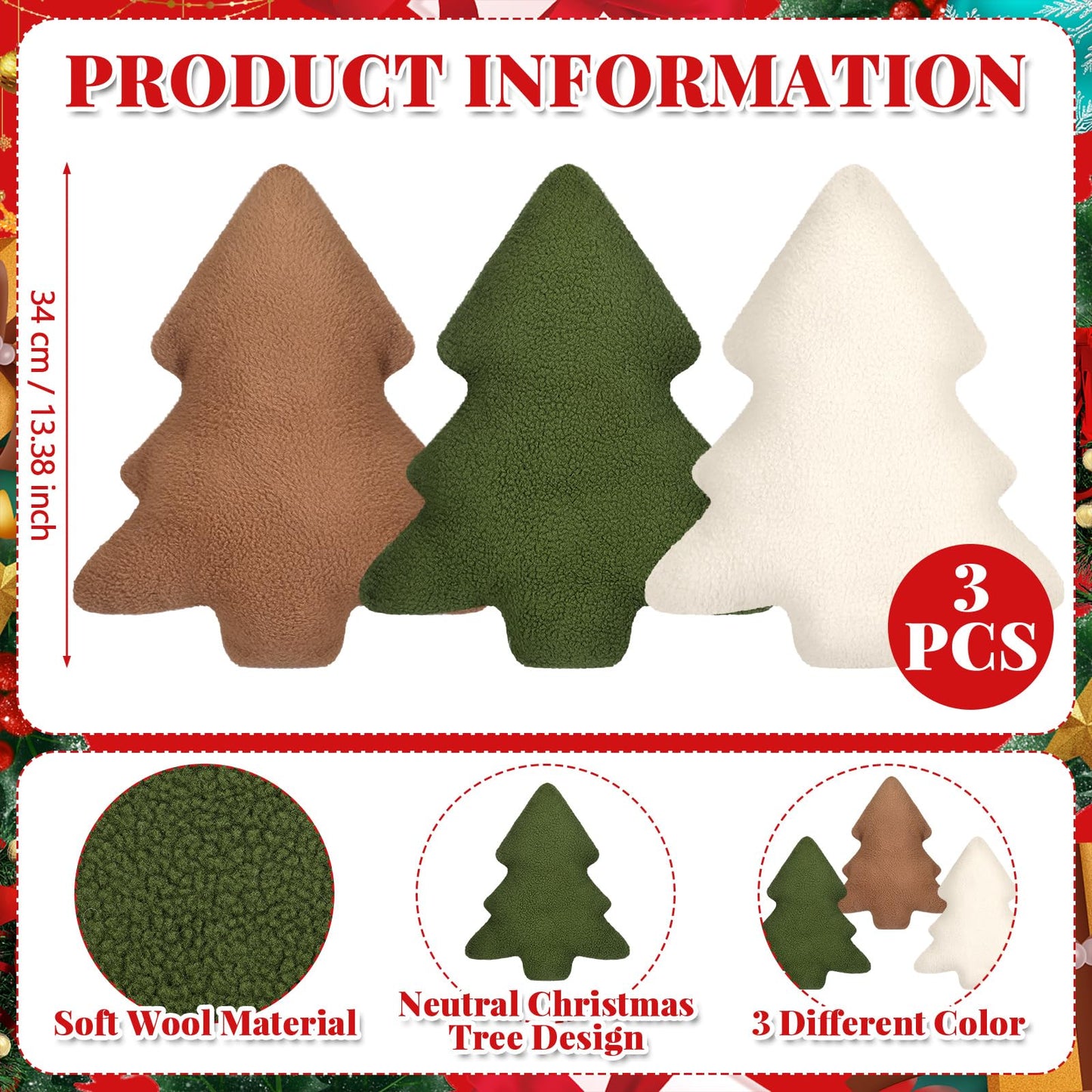 Anglechic 3 Pcs Christmas Pillows Neutral Christmas Tree Decorative Throw Pillows Xmas Tree Stuffed Wool Pillows Soft Xmas Plush Cushion for Sofa Couch Bedroom Livingroom
