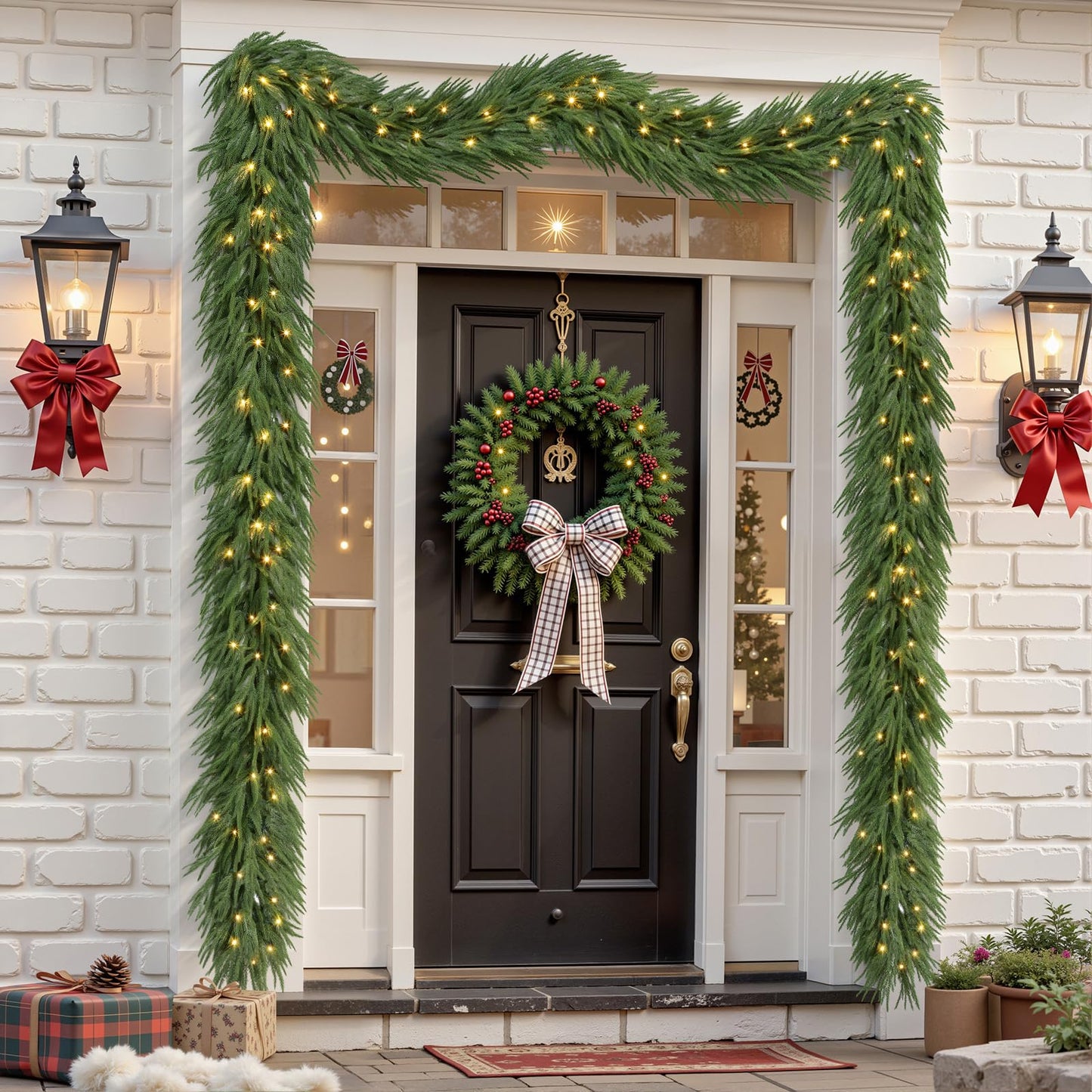 9ft Artificial Christmas Garland with Lights, Real Touch Norfolk Pine Garland - Pine Garlands, Prelit Green Christmas Garland for Mantle, Table, Fireplace, Indoor, Outdoor Christmas Decorations