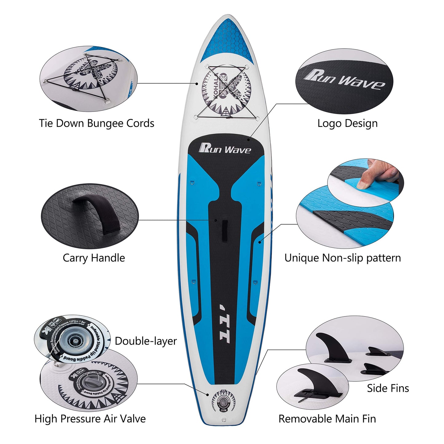 Run Wave Inflatable Stand Up Paddle Board 11'×33''×6''(6'' Thick) Non-Slip Deck with Premium SUP Accessories | Wide Stance, Bottom Fins for Surfing Control | Youth Adults Beginner (Kohala Blue)