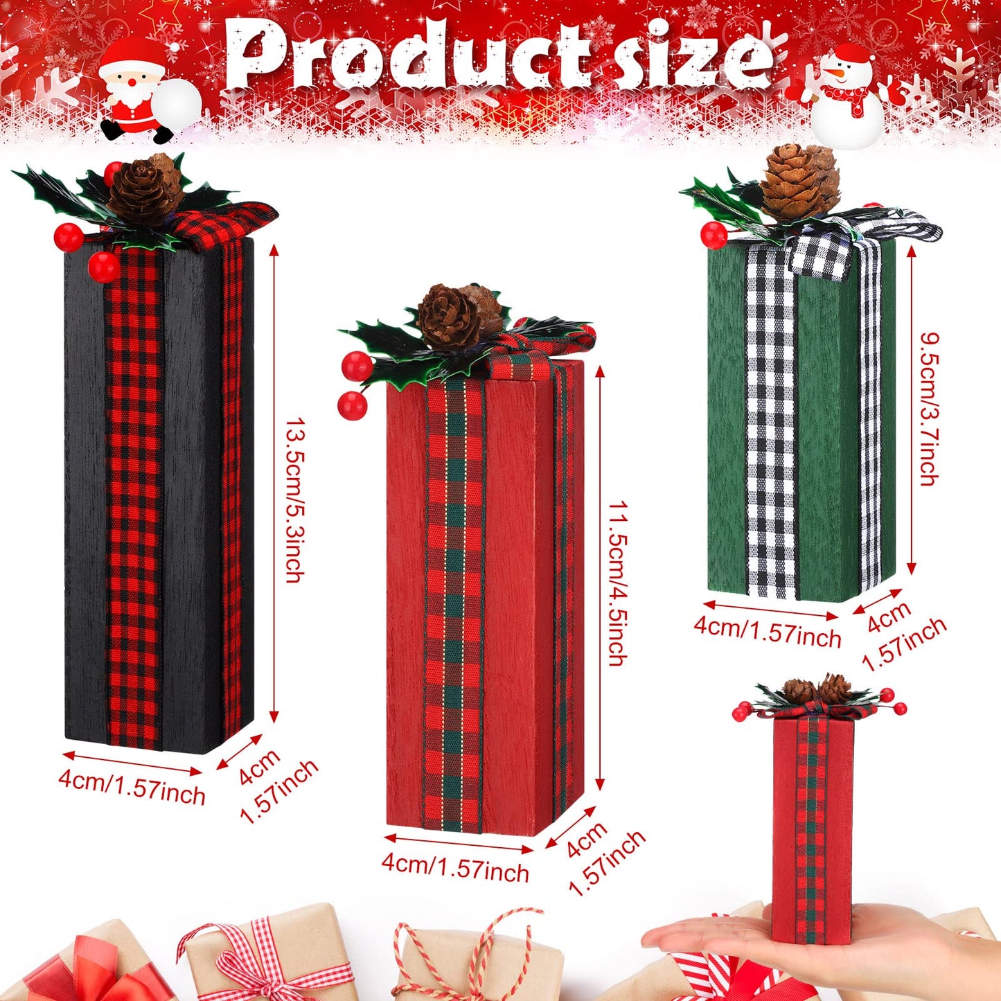 Amyhill 3 Pcs Christmas Wooden Gifts Box Decor Christmas Plaid Presents Table Centerpieces Rustic Wooden Gifts Tiered Tray Decor with Buffalo Plaid Bowknot for Xmas Party(Red, Green,Berry Style)