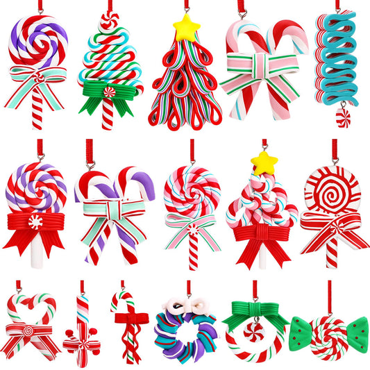 AUGSUN 16Pcs Christmas Lollipop Ornaments, Christmas Mini Candy Cane Hanging Ornaments Polymer Clay Peppermint Pendants for Xmas Tree Party Home Decorations(Red and Blue)