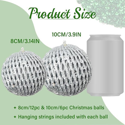 6pcs 3.94" Christmas Ball Ornaments Glitter Shatterproof Christmas Tree Ornaments Sequin Xmas Hanging Balls Decorations for Wedding Party Holiday(Silver, 6pc-10cm)