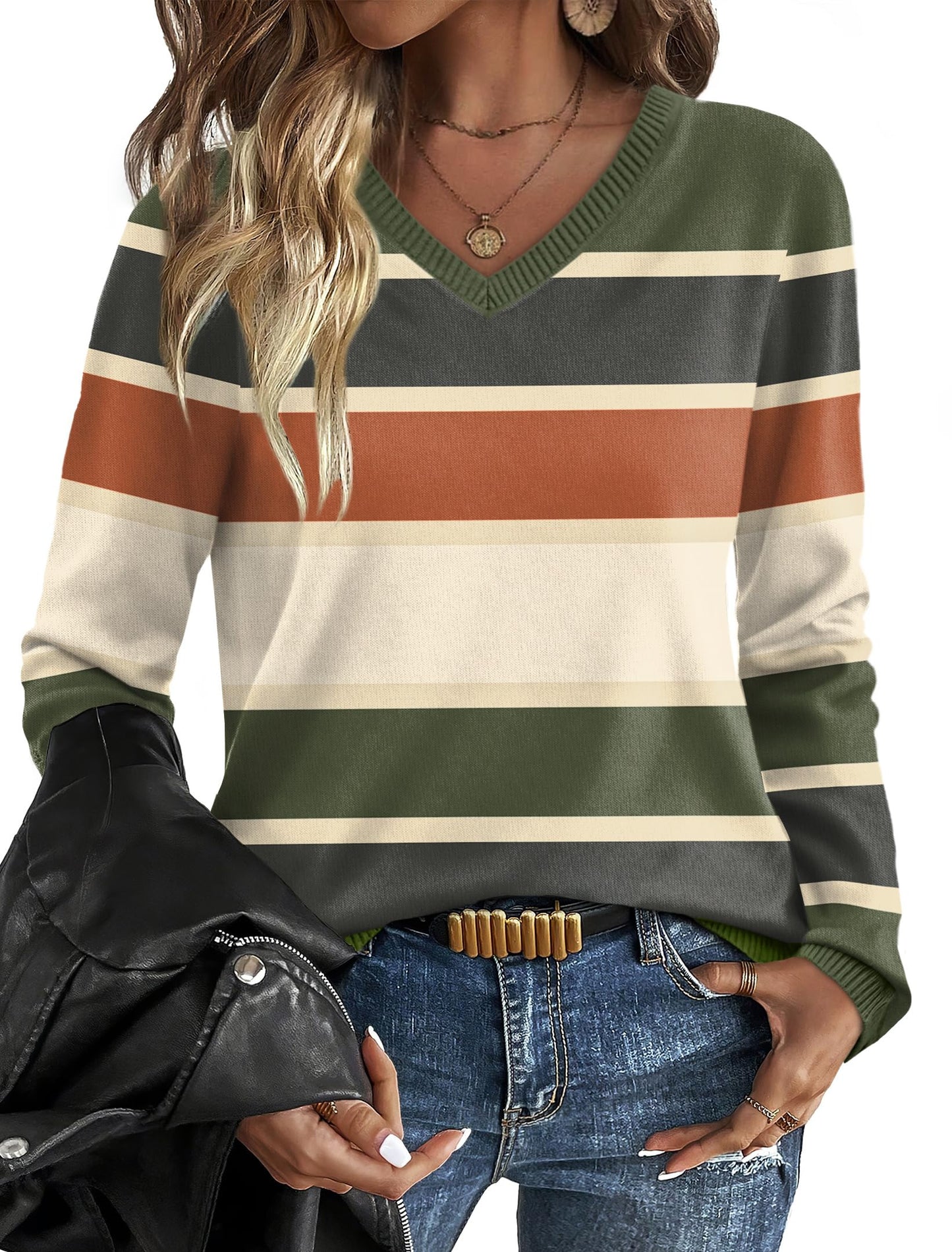 OFEEFAN Womens Sweaters Long Sleeve Shirts Fall Outfits 2025 V Neck Soft Knit Pullover Trendy Tops Dressy Casual Blouses