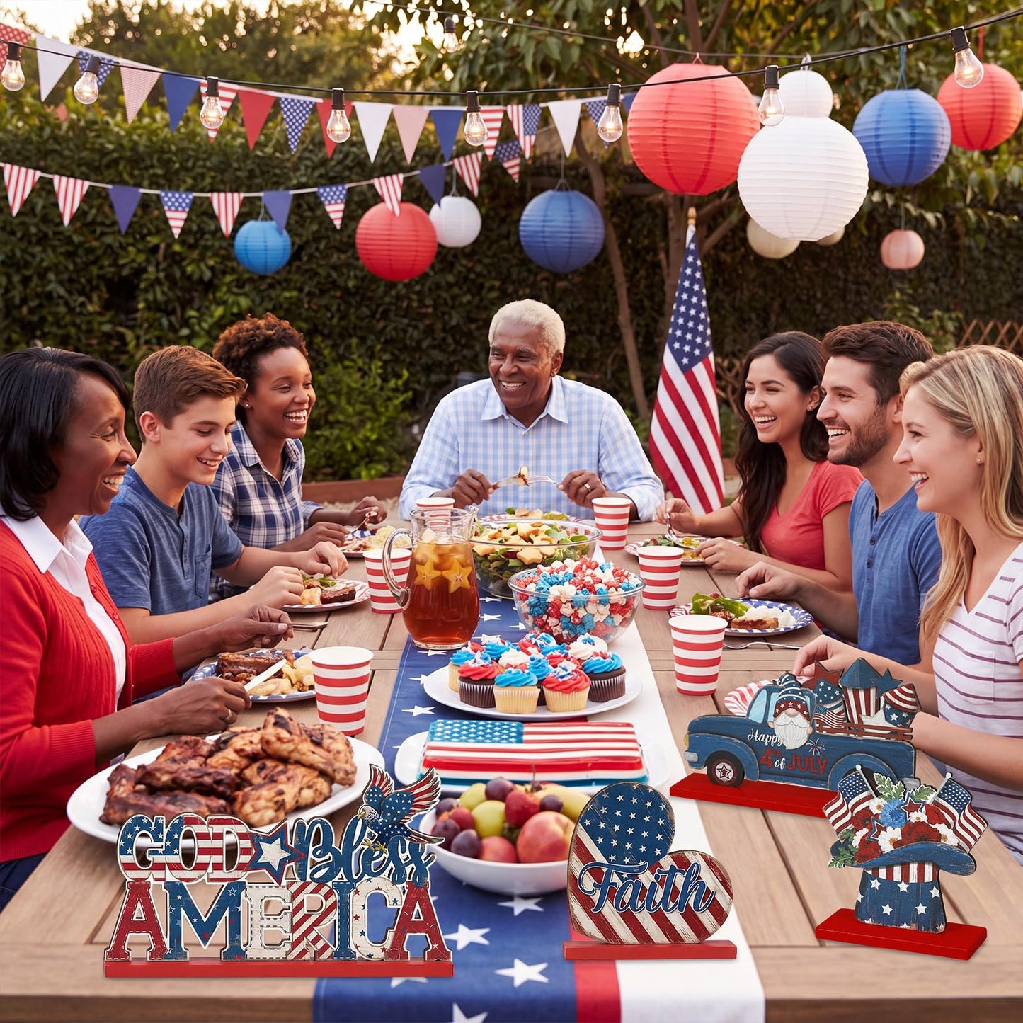 Qunclay 6 Pcs Patriotic Table Decor - Wooden Gnome Freedom Truck Star 4th of July Table Signs for Veterans Independence Day Topper Decor Memorial Day Decorations Supplies