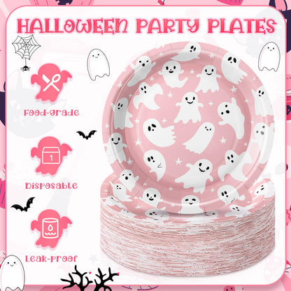 FillTouch 100 Pcs Pink Halloween Ghost Paper Plates 7 Inch Disposable Cake Dessert Dinner Plates for Mexican Independence Day Fiesta Halloween Day of The Dead Party Decorations Supplies(Pink)