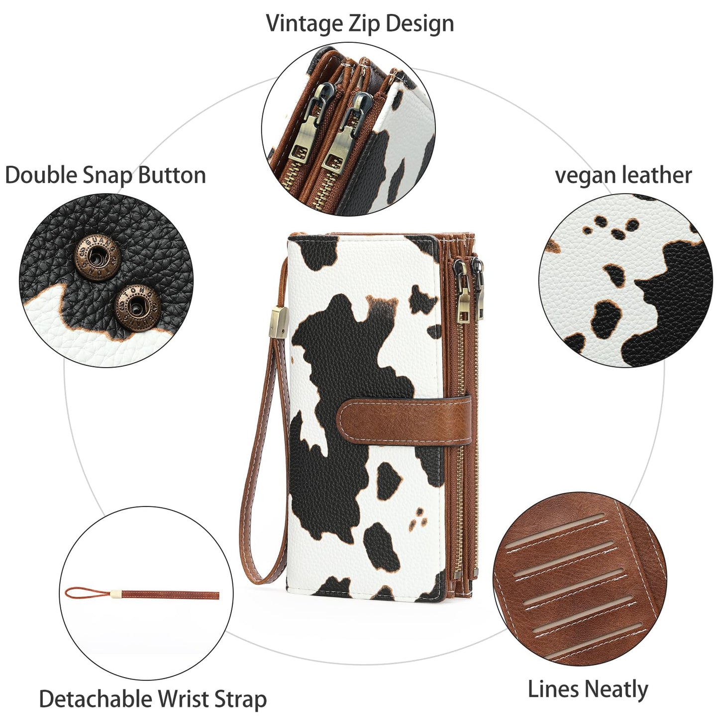GOIACII Wallet for Women Large Wristlet Purse Trifold Clutch Cow Print