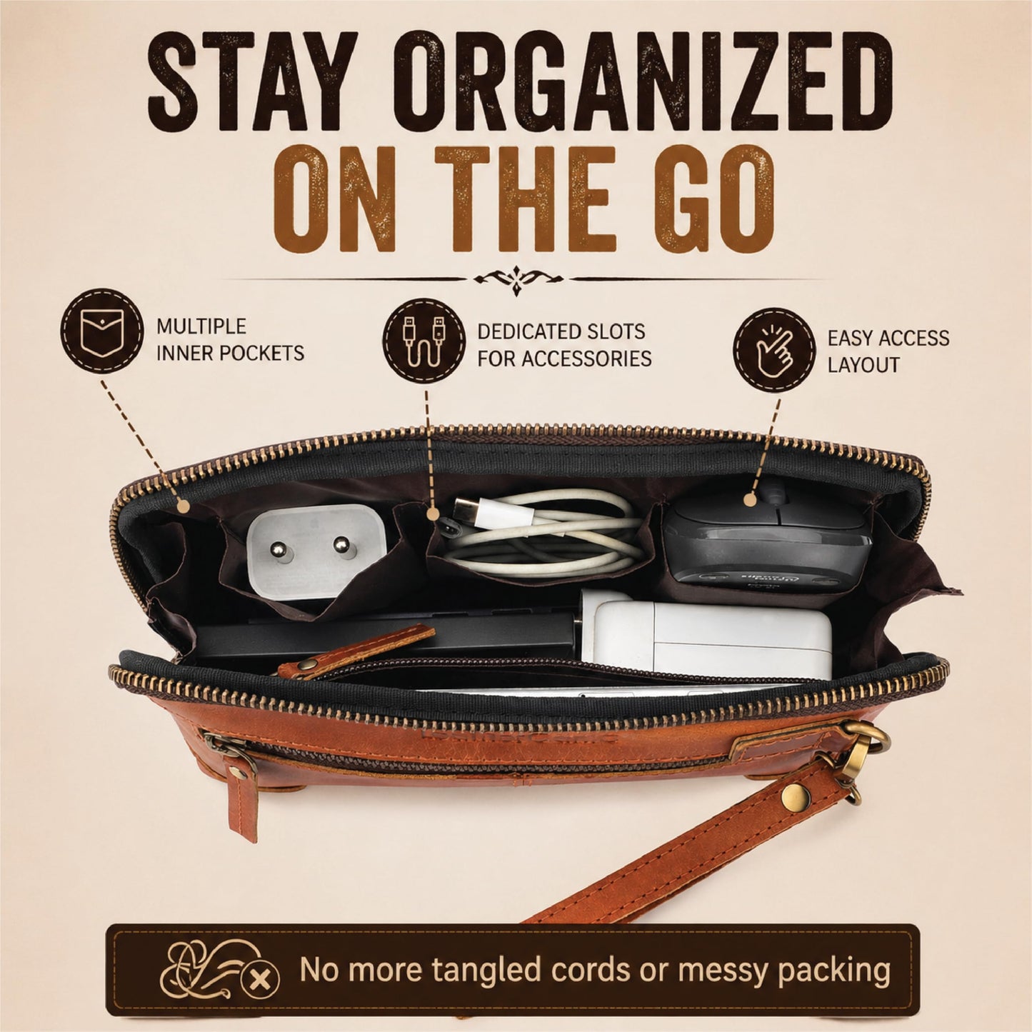 TheAntiq Genuine Leather Makeup Bag Travel Organizer, Premium Handcrafted Cosmetic Pouch with Zipper & Wrist Strap, Durable Toiletry Storage for Women & Men, 5 x 9- Tan