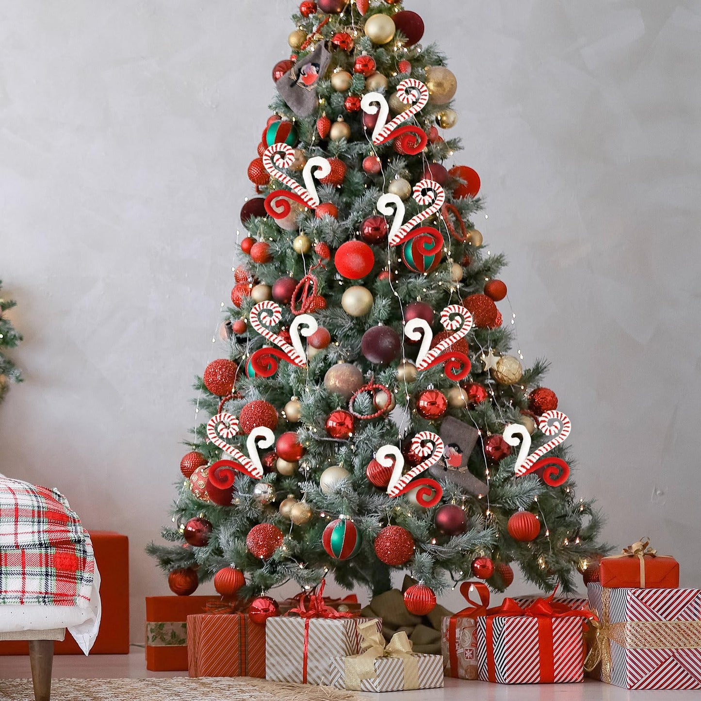 ZHANYIGY 6PC Set Red/Green Christmas Tree Decorations Picks Christmas Woolen Candy Curly Pick, Christmas Tree Toppers Decorations Home Office Vase Party Ornaments (RED)