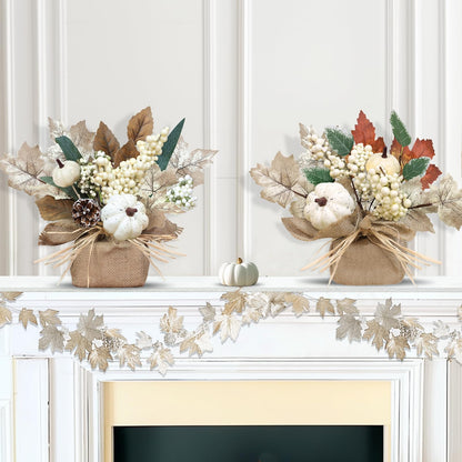 2 Styles & Timer Fall Decor- 2 Pack 11 Inch Tabletop Maple Tree Fall Decorations for Home, Lighted Fall Trees with 20 LEDs Battery Powered Leafed Pumpkin Cones Berry Autumn Thanksgiving Decorations