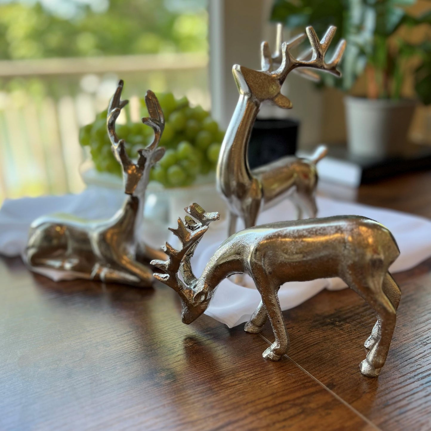 WHW Whole House Worlds Rustic Reindeer Figurines, Set of 3, Handmade, Cast Silver Aluminum, 8.75 Inches