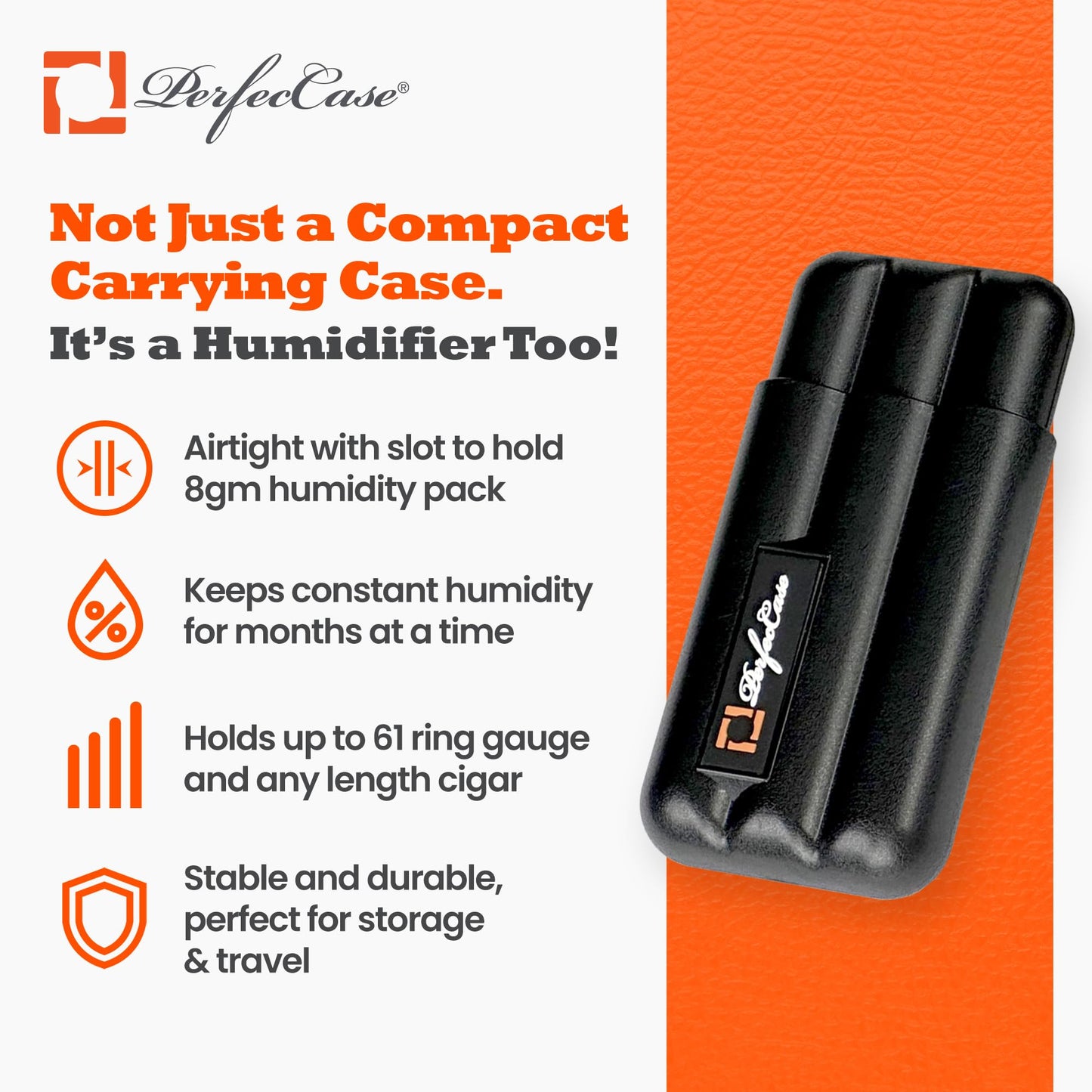 Perfec PerfecCase 3-Finger Cigar Case, Virtually Airtight Seal for Fresh, Protected Cigars, Humidifier Travel Cigar Case for Everyday Carry