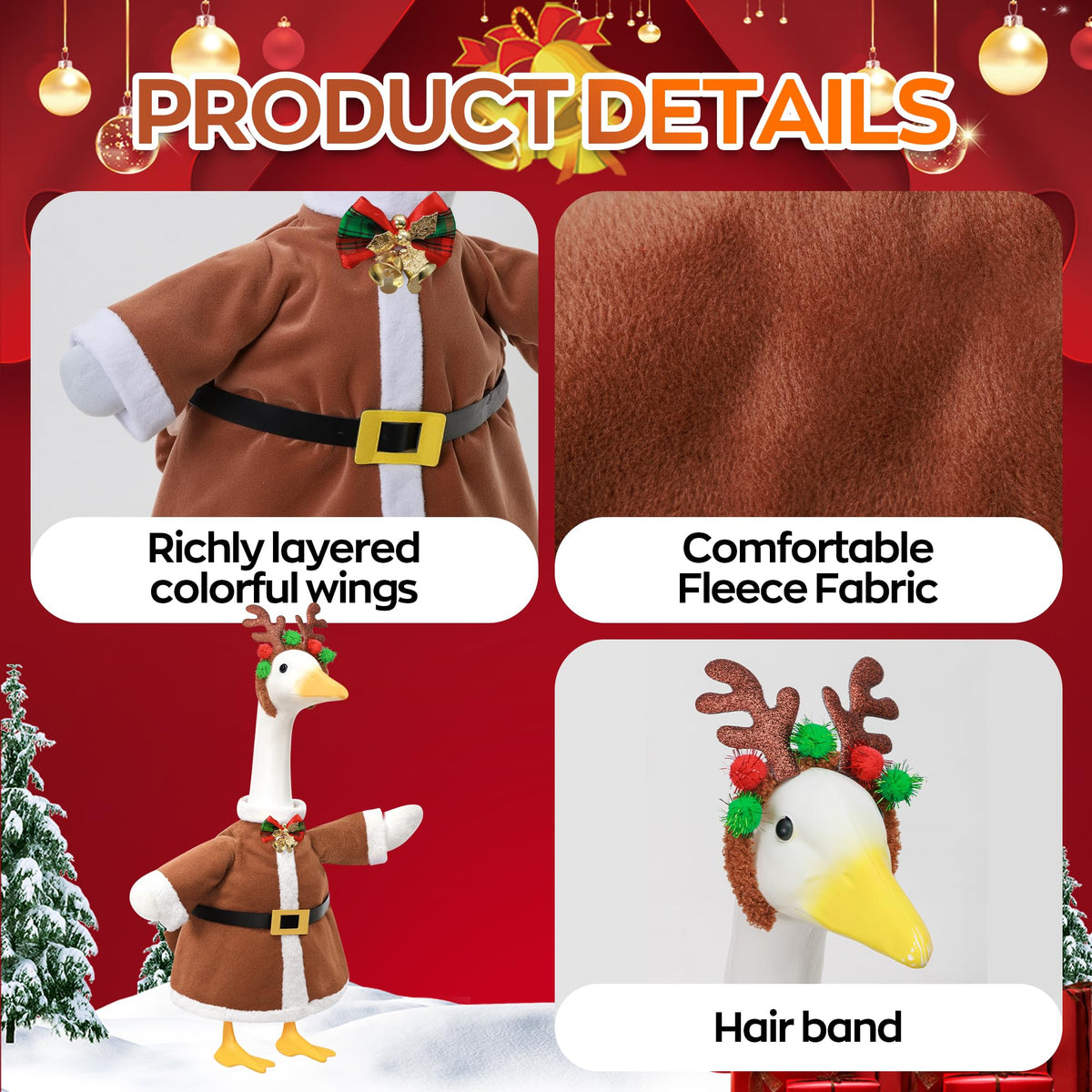 Lodaxu Christmas Porch Goose Outfit for Large 23" High Cement or Plastic Goose Statue, Yard Goose Cloths with Deer Antler Headband, Bell Bow Tie Decor for Outdoor Lawn Gaden Patio