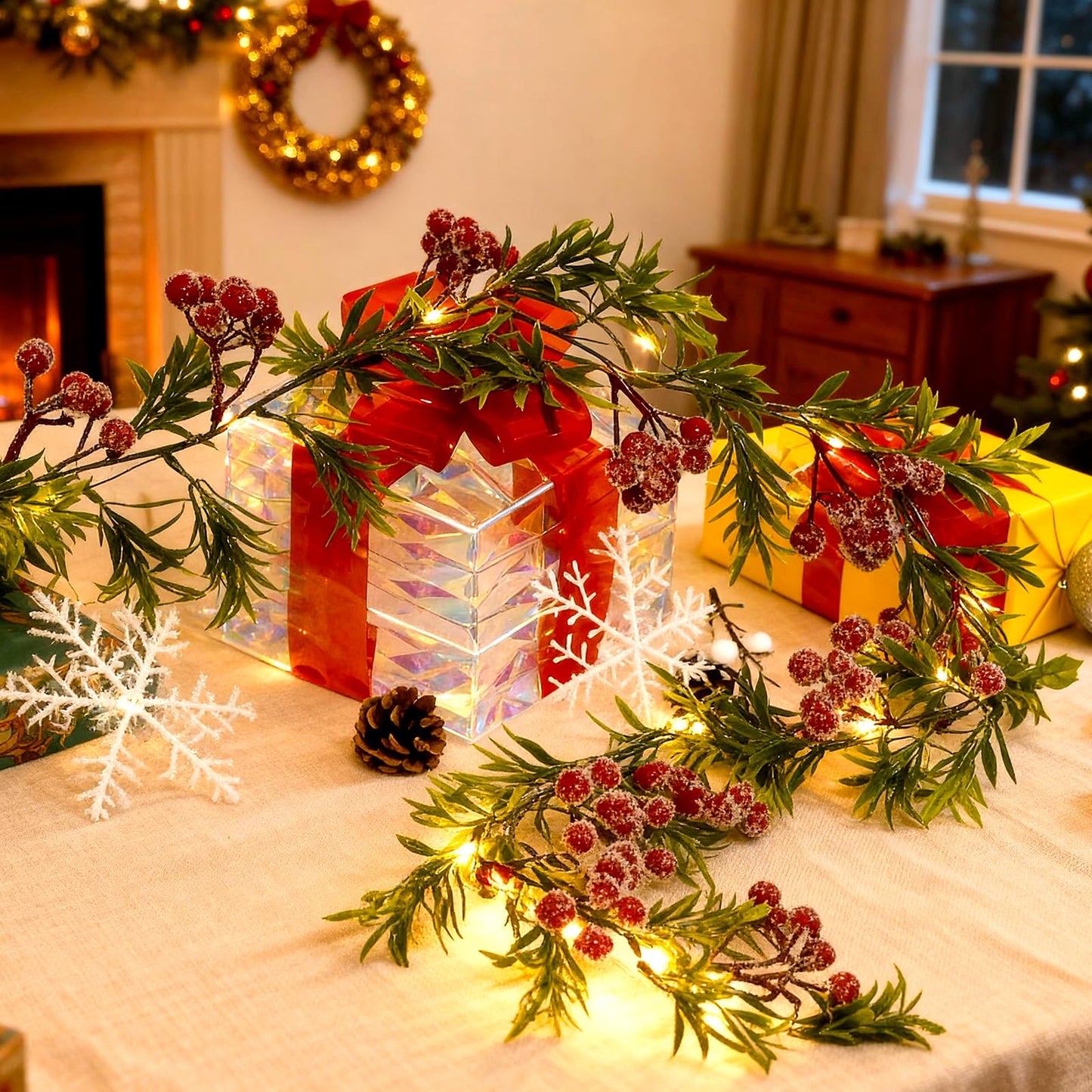Christmas Garland with Light,Lighted Snowy Red Berries Holly Leaves Garland for Fireplace Mantle Indoor Outdoor Christmas Decoration 6.5FT Pre-lit Battery Operated Xmas String Lights 2 Pack