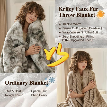 Krifey Oversized Faux Fur Blanket, Super Soft Cozy Blanket, Luxury Fluffy Throw Blanket Fuzzy Bed Throw, Plush Christmas Birthday Gifts for Women, Room Home Dorm Decor, Marbled Gray 60" x 80"