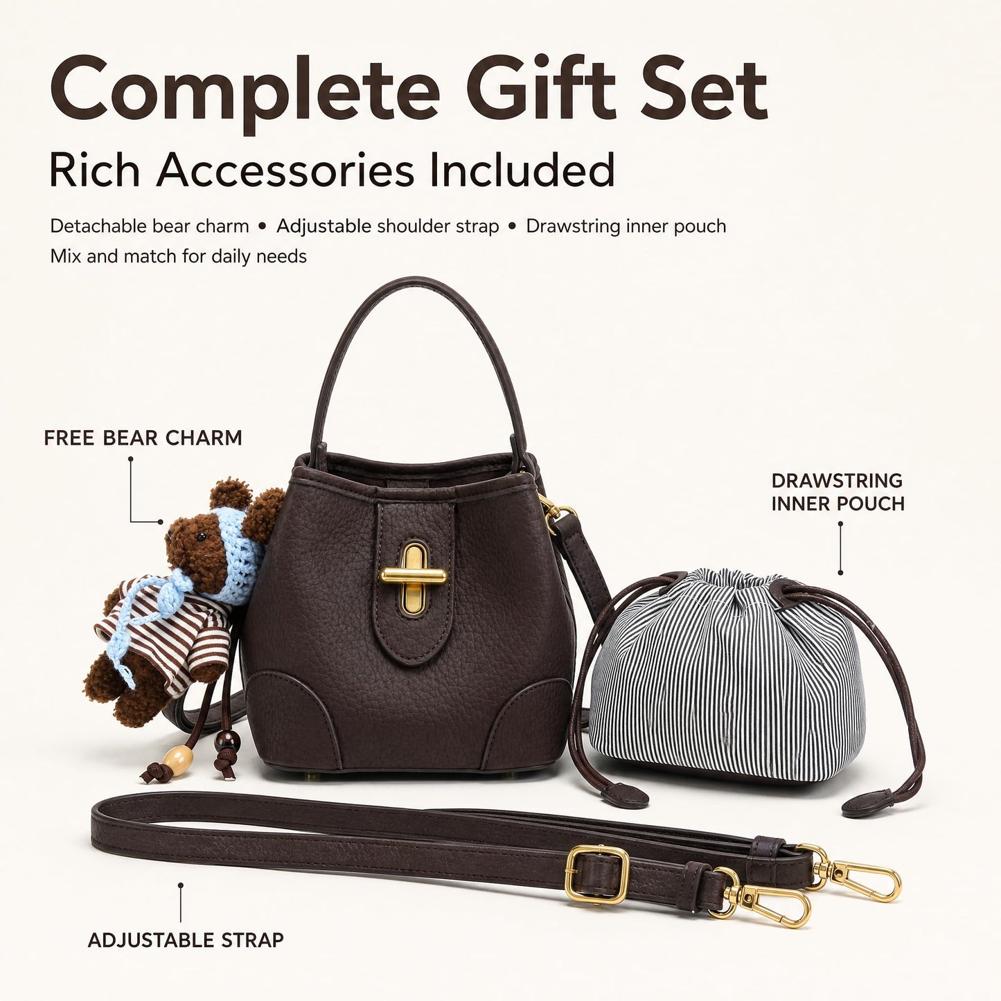COC.EFRENAR Women's Mini Top Handle Bag, Vegan Leather Crossbody Shoulder Purse with Cute Bear Charm & Scarf, Small Bucket Handbag with Adjustable Strap