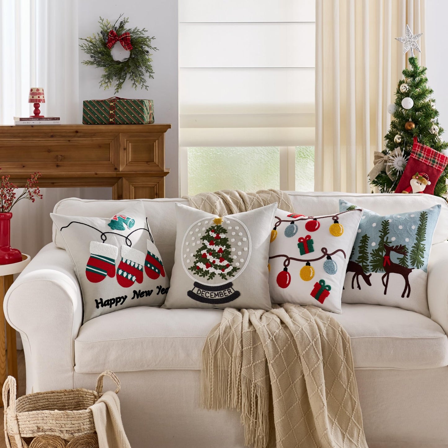 Farmhouse Christmas Pillow Covers 18x18 Set of 2, Xmas Embroidered Throw Cushion Cases with Festive Patterns for Rustic Home Holiday Decor (Gnome Trio Light Grey, 18" x 18" (Pack of 2))
