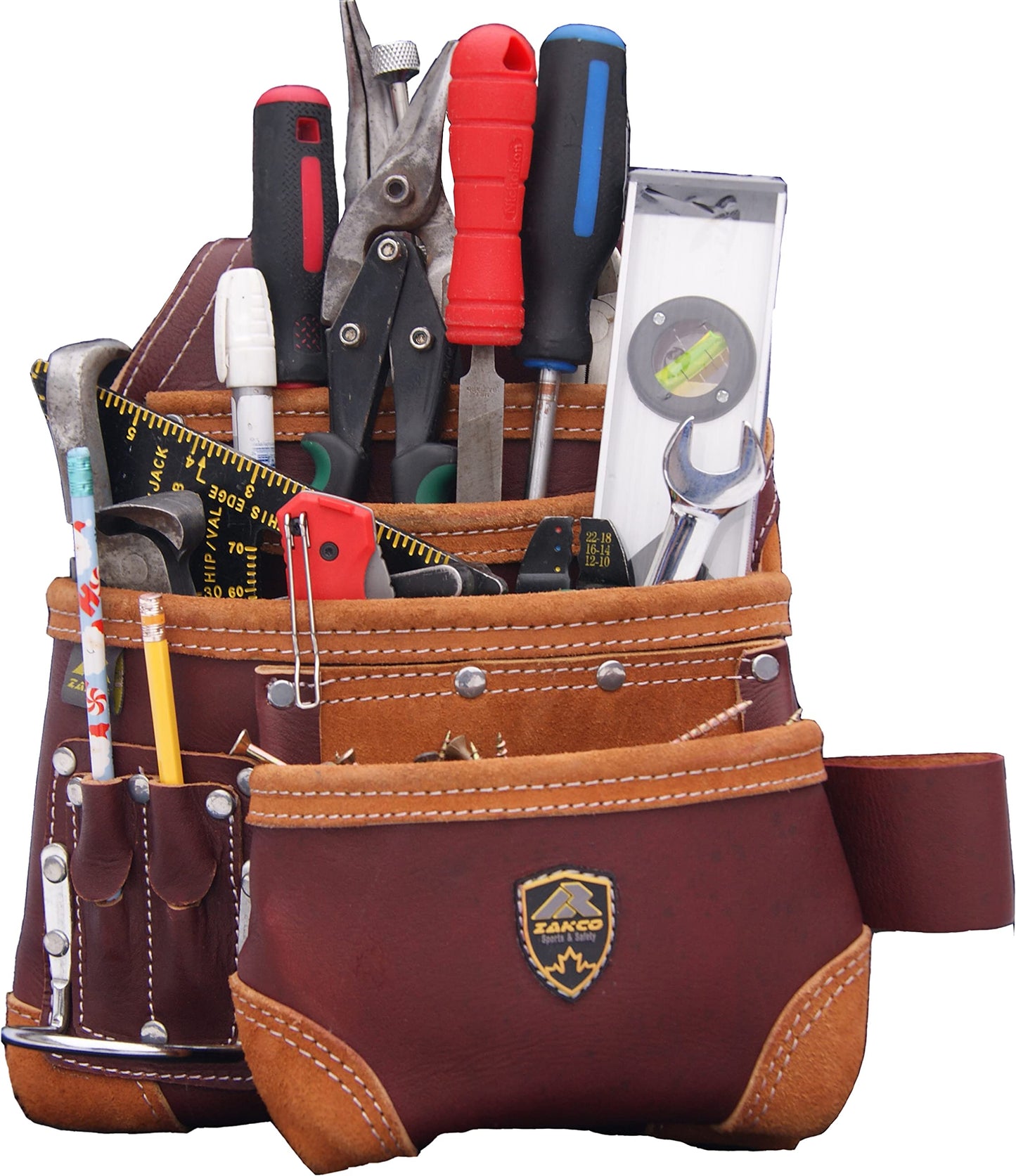 PRO-15 8 Pocket Carpenter's Nail & Leather Belt with Genuine Leather Tool Pouch (MAROON)