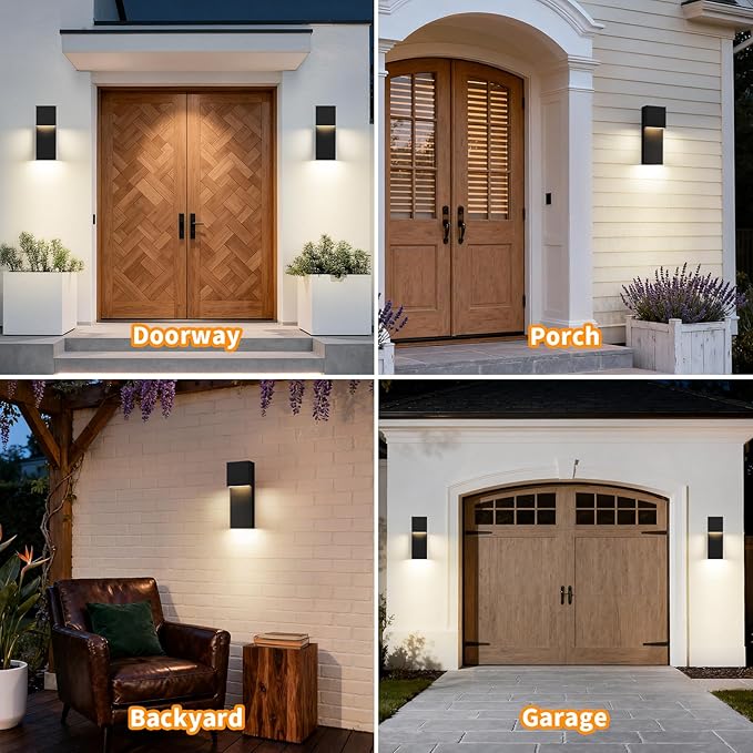 tewei Modern LED Outdoor Wall Sconce, 15'' 20W Outdoor Light Fixtures Exterior Wall Lights, Black LED Front Porch Lights Outside Wall Mount Lighting for House, Backyard, Warm White 3000K, 2 Pack