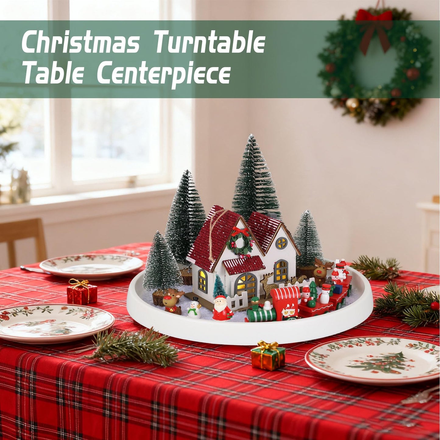17 Pcs Christmas Centerpieces for Tables - Winter Tray Decor Set - Christmas Winter Table Top Decor Set with Ornaments - Santa Trees Train Snowman Holiday Centerpieces