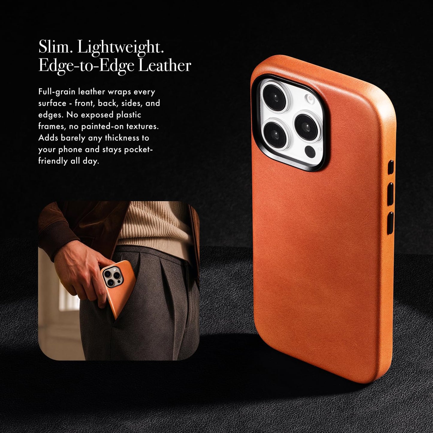Casebelle Handcrafted Vegetable-Tanned Slim Leather Case for iPhone 16 Pro - [Built-in Camera Control] - Compatible with MagSafe - Raised Bezels, Natural Patina Over Time - Amber Brown