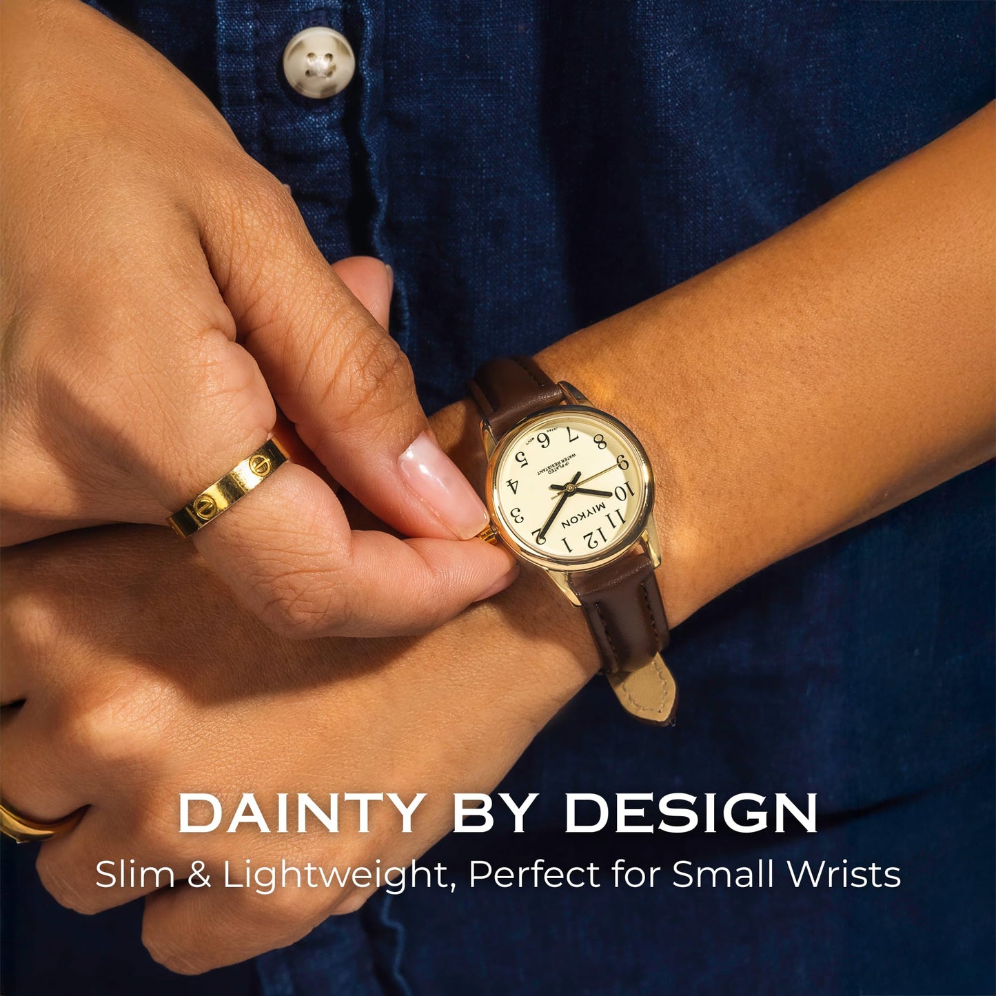 Miykon Dainty Minimalist Casual Dress Watches for Women – Small Easy Reader Analog Watch with Genuine Leather Strap and Second Hand – Japanese Quartz, Waterproof to 100ft (Brown Strap, Gold Case, Gold Dial, 26mm)