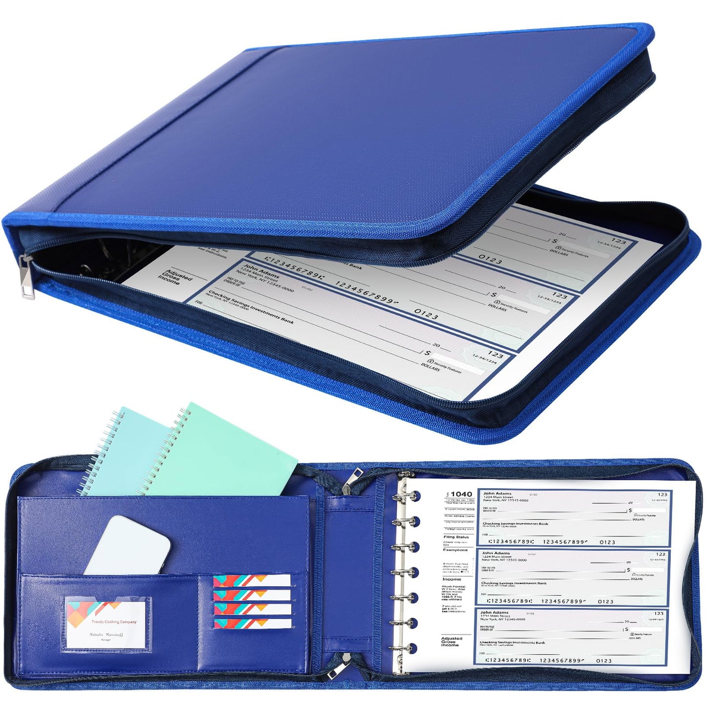 Henoyso 7 Ring Fireproof Business Checkbook Binder with Zipper 1.5 Inch D Rings Check Binder 9 x 13 Inch Checks 600 Sheets Capacity Built in Storage Organizer for Office Storage(Dark Blue)