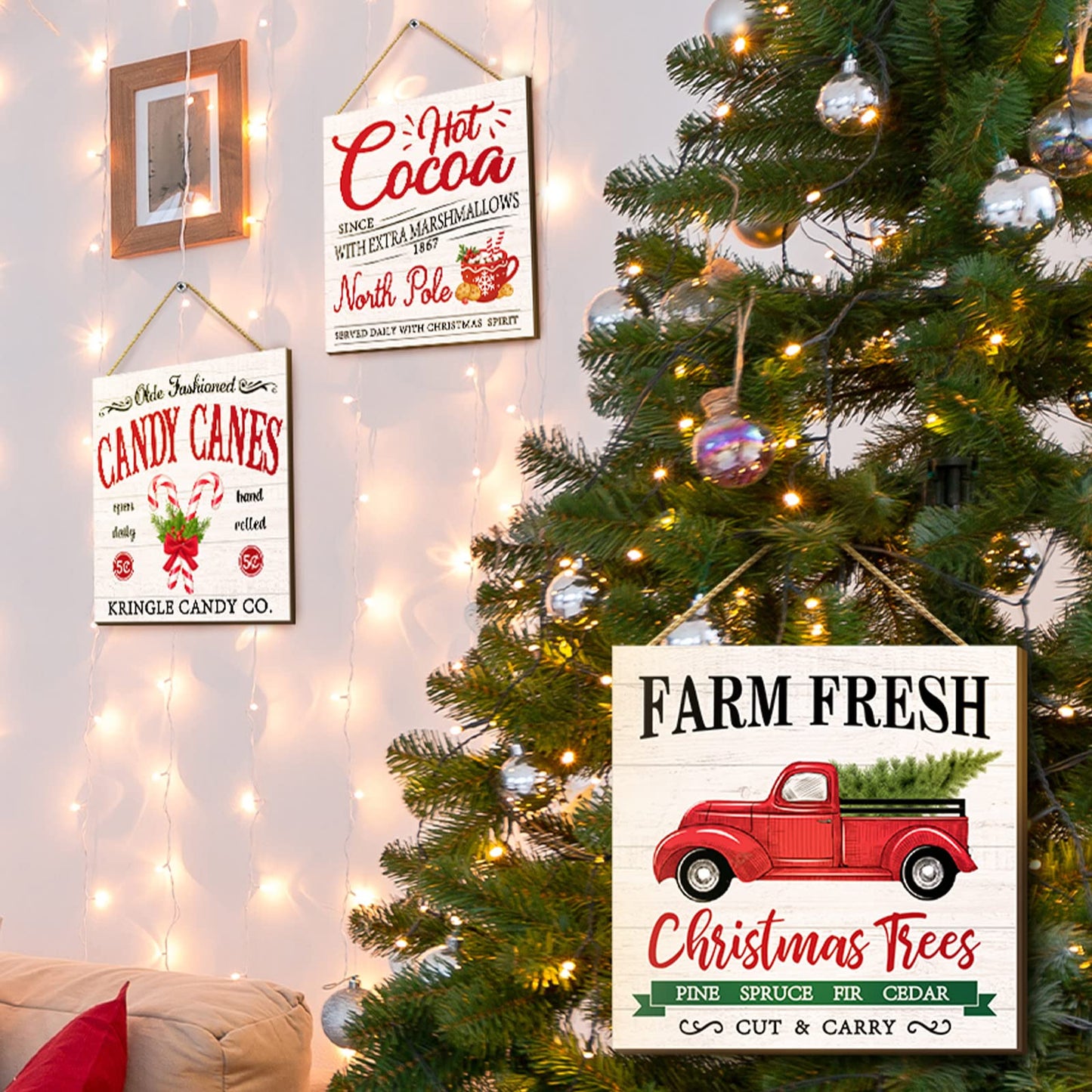 Pinkunn 4 Pieces Christmas Hanging Wooden Sign Christmas Wall Decorations Farm Fresh Hot Cocoa Candy Canes Sleigh Rides Deer Truck Decor Xmas Farmhouse Hanging Plaque for Home Porch Holiday